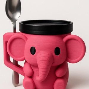 Cute Pink Elephant Mug with Black Lid and Spoon Holder for Kids and Adults