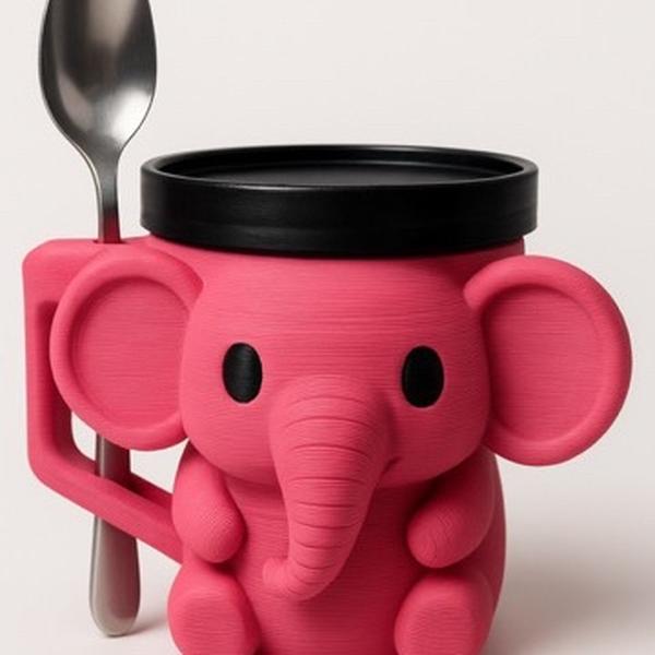 Cute Pink Elephant Mug with Black Lid and Spoon Holder for Kids and Adults