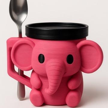 Cute Pink Elephant Mug with Black Lid and Spoon Holder for Kids and Adults - Image 2